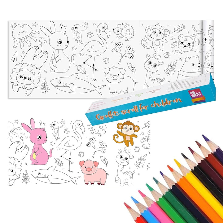 Rola de hartie auto-adeziva si decupabila pentru desenat si colorat  SINBINTA  Cu 12 creioane colorate  Materiale non-yoxice  Poate fi lipita pe usi  perete  podea  fara sa strice suprafata respectiva  300*30cm  Lumea Animalelor