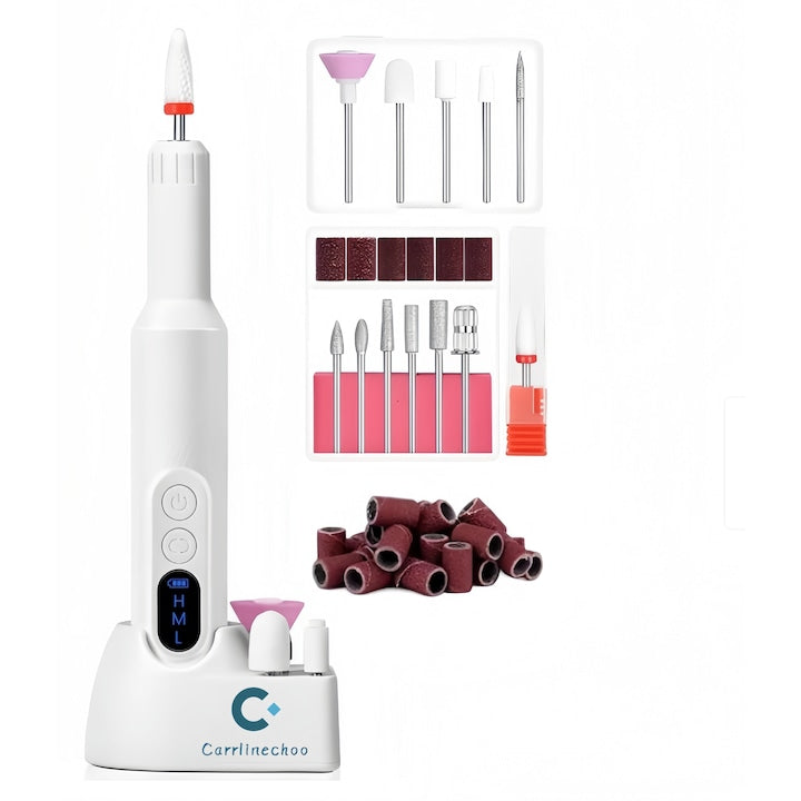 Carrlinechoo Professional Nail Drill, Wireless Electric Manicure-Pedicure File, Rechargeable, 18,000 RPM, 11 Drill Bits, 30 Sanding Bands, Ergonomic Design, Portable, White