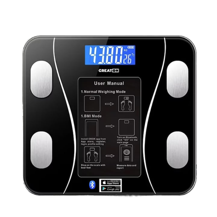 Cantar Corporal Inteligent Cu Aplicatie Telefon  De Baie  Electronic  Sticla Securizata  Design Elegant  Smart  Afisaj LCD  Negru