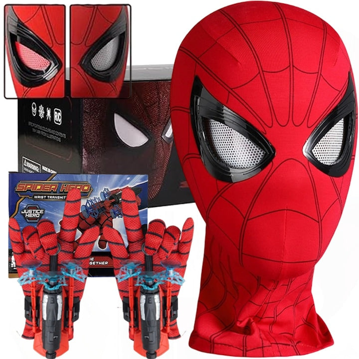 Set de jucarii Spider-Man si Superman: 2 lansatoare + 1 masca articulata pentru ochi + 2 manusi Editie rosie Indeplineste-ti visul de a te transforma in super-erou