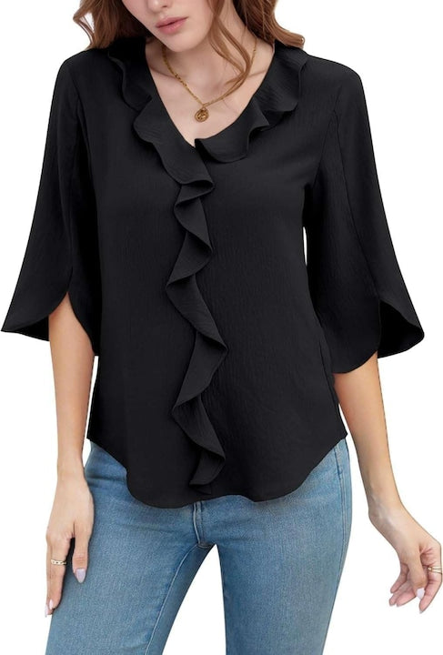 NAIOSS - Elegant Women's Blouse with 3/4 Sleeves, V-Neck, with Ruffles, Red, Black, 12 interest-free installments