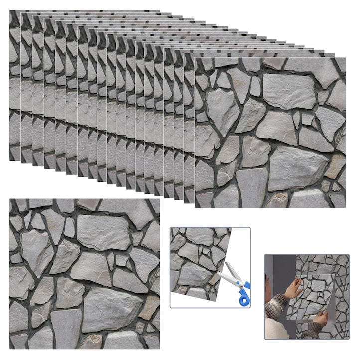 Pack of 20 3D Stone Effect Self-Adhesive Wall Panels, 30 x 30 cm, Wall Cladding with Panels, Waterproof PVC Brick Wallpaper for Living Room, Kitchen, Bathroom and More