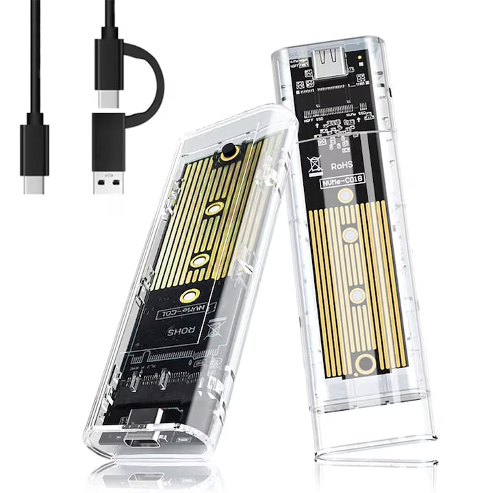 Carcasa SSD M.2 NVMe AjieQaQ  dual protocol NVMe si SATA  10 Gbps  transparenta  suporta 4TB  dimensiuni 2230x2242x2260x2280mm