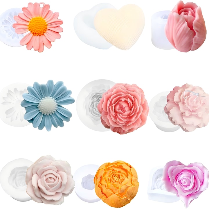 Set 9 Matrite de Silicon pentru Lumanari si Sapunuri  Flori si Inimi  Usor de Demolat  Rezistent la Deformare si Uzura  Netoxice  Inodora - Margareta  Bujor  Heart