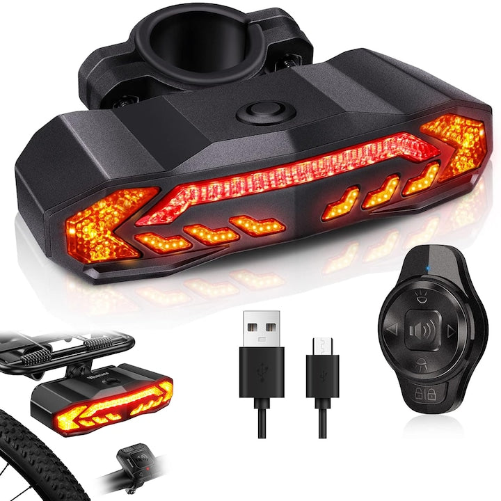Smart Bicycle Tail Light with Brake Sensor and Turn Signal System, 6 Lighting Modes, Rechargeable, Vibration Sensor and Alarm and Horn Included, IP65 Water and Dust Resistant, Easy to Install, Black