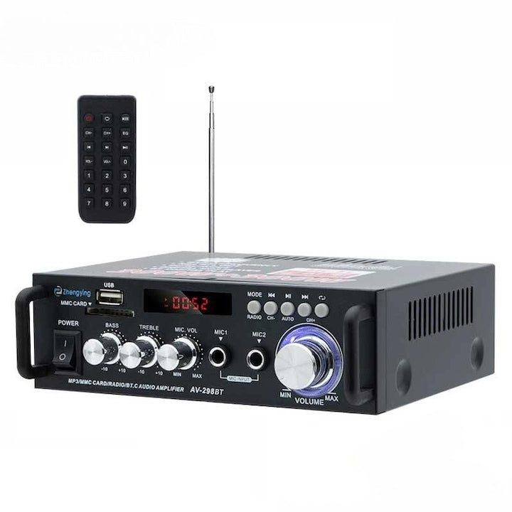 Digital Audio Amplifier 300W+300W Bluetooth 5.0 Bass and Treble Control USB/SD Input Black