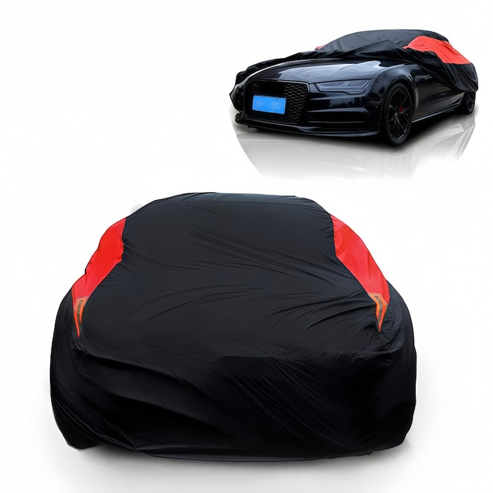 Wacorresi Car Cover, Universal Waterproof Car Cover with Reflective Strips, Safety Warning, Adjustable Elastic Hem, Three Windproof Straps, Easy to Clean, Size L, 4700x1750x1500cm, Black/Red