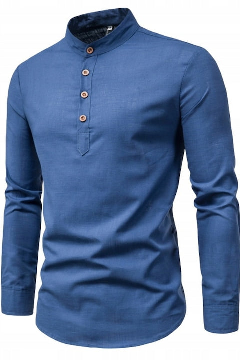 OEM - Men's High-Collar Linen Shirt Blue 12 installments with 0% interest
