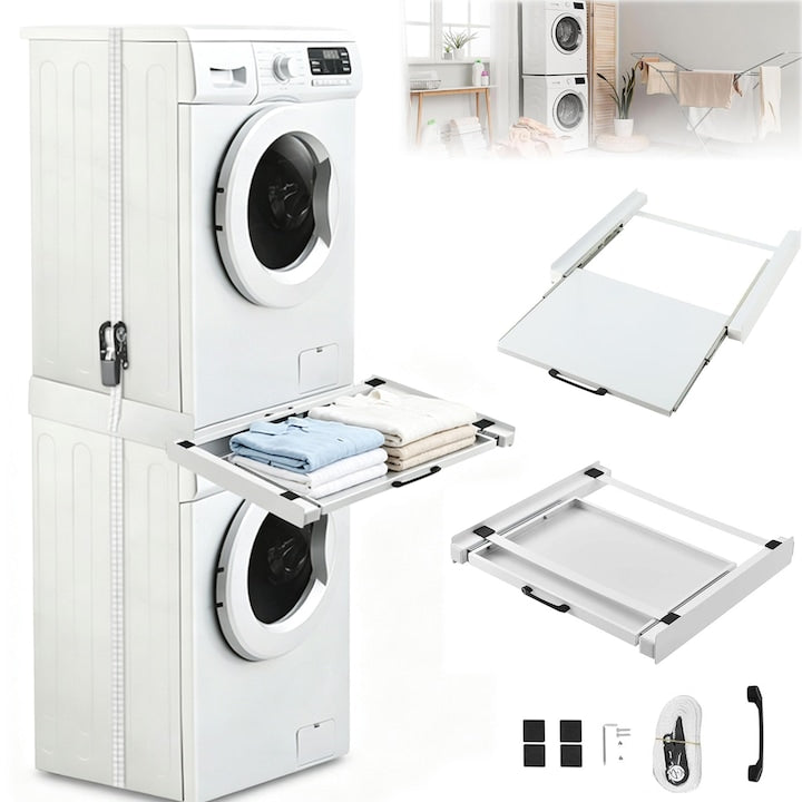Kit Suprapunere Uscator si Masina  SANSES  cu Raft Glisant 50x38 cm  Pad-Uri Anti-Vibratii  Chinga cu Clichet  Economiseste Spatiu si Usor de Instalat  Alb