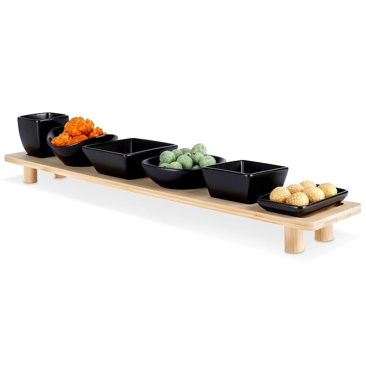 Set 6 Boluri Ceramice Pe Tava  Excellent Houseware  50x8.5x9 cm  Ceramice  Tava Din Lemn De Bambus  Sase Boluri De Dimensiuni Diferite  Destinate Servirii Gustarilor  Negru