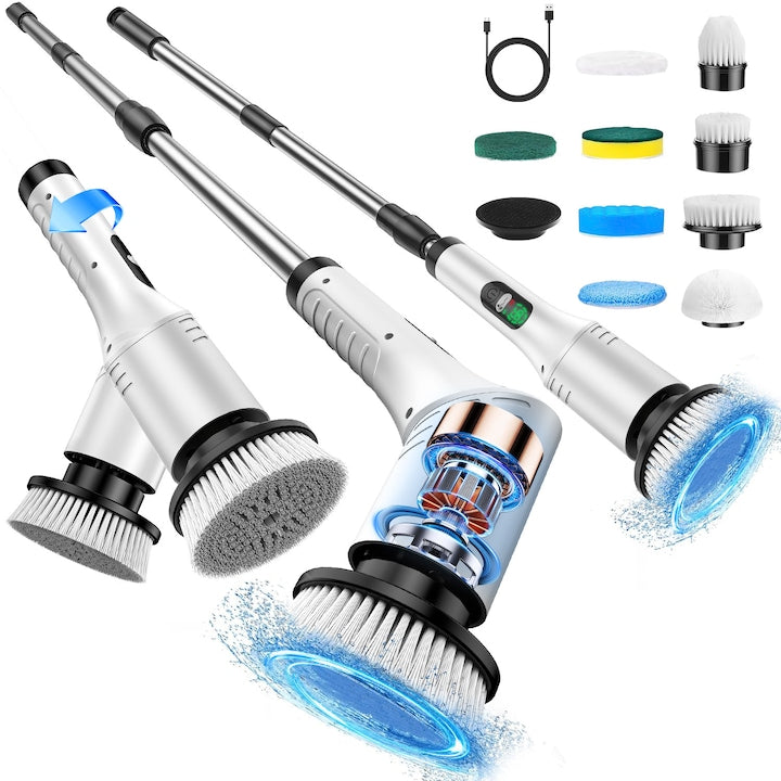 Perie Electrica de Curatare Rotativa ASTONIX cu Baterie Reincarcabila 2000mAh  30W  2 Viteze  Maner Extensibil si Unghi Reglabil  9 Capete Incluse  Autonomie 90 min  Incarcare Type-C  Zgomot Redus  pentru Casa  Baie  Bucatarie si Masina