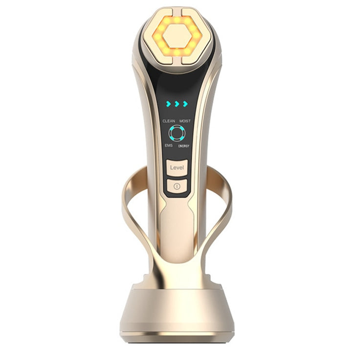 Professional 6-in-1 Facial Treatment and Skin Rejuvenation Device Rqiurpn RF Technology EMS (Microcurrents) Red and Blue Phototherapy Ionic Cleansing Mesotherapy Lifting and Anti-wrinkle Facial Massage Anti-Aging Skin Rejuvenation Gold