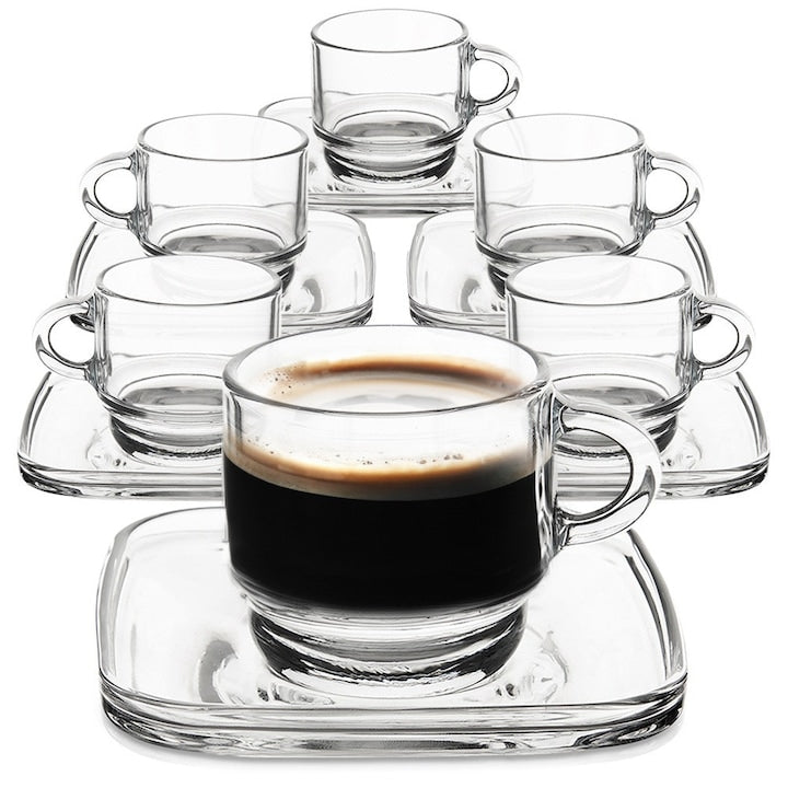 Set De Cesti Pentru Cafea Espresso  Lav  6 Bucati  Sticla Transparenta  Capacitate 75 ml  Compatibile Cu Masina De Spalat Vase  Farfurie Patrata 10 cm
