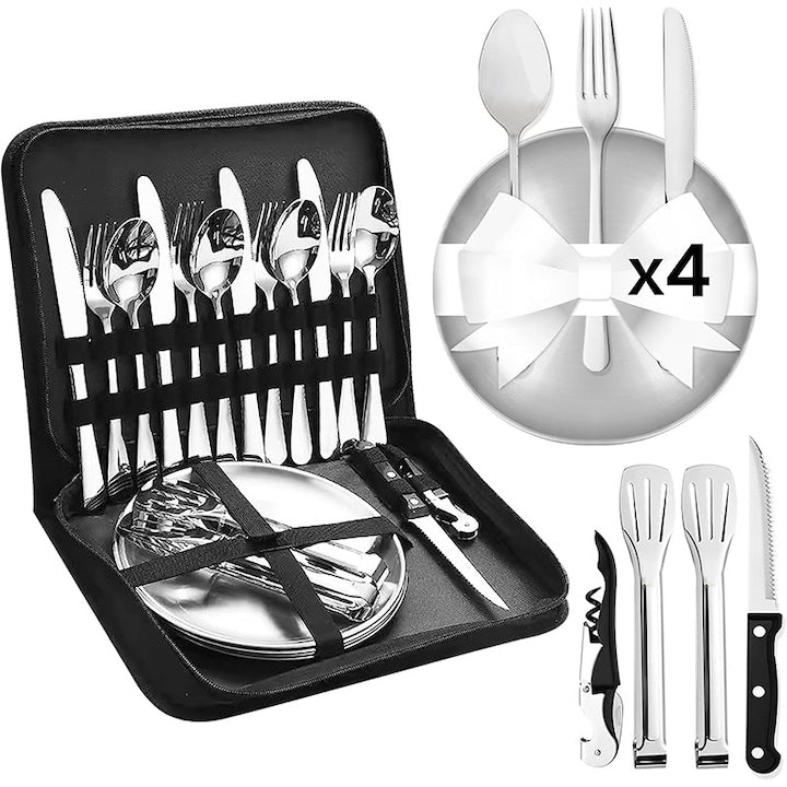 Set 20 tacamuri camping  piese  metal  Durabil si Rezistent la Rugina  Mic si Portabil  pentru 4 persoane  Furculita si Cutit  Geanta de Depozitare  Pentru Calatorie  Iesirile in Aer Liber sau Drumetii  Usor de Curatat  cu husa transport  argint