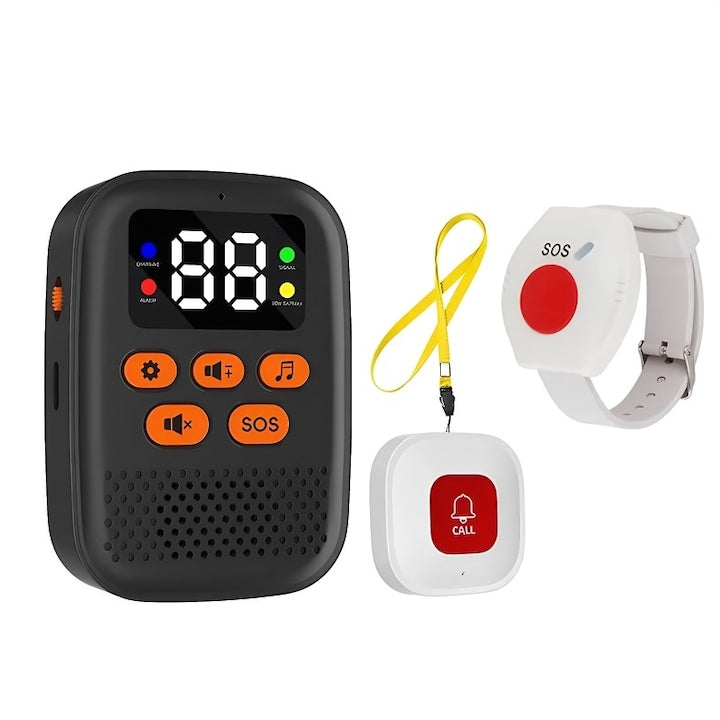 Panic button for the elderly Rqiurpn With SOS button, siren, LED display, Wi-Fi, 100m range, instant phone notification, 16 ringtones. For the safety of the elderly or people with disabilities and risk of falling. Black.