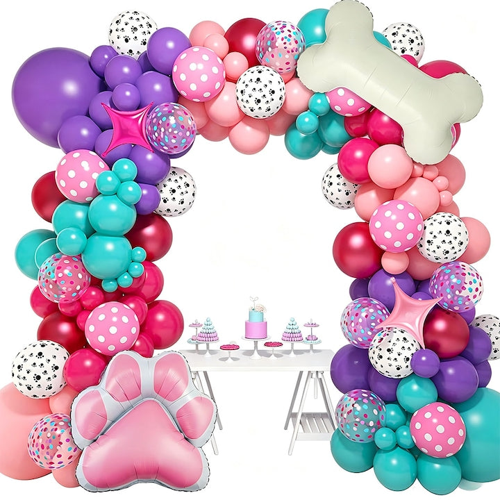 Set Baloane Petrecere Animalute Pet Birthday 98 Piese Roz Violet - Balon Laba Pisica Mare + Os  Baloane Latex + Accesorii