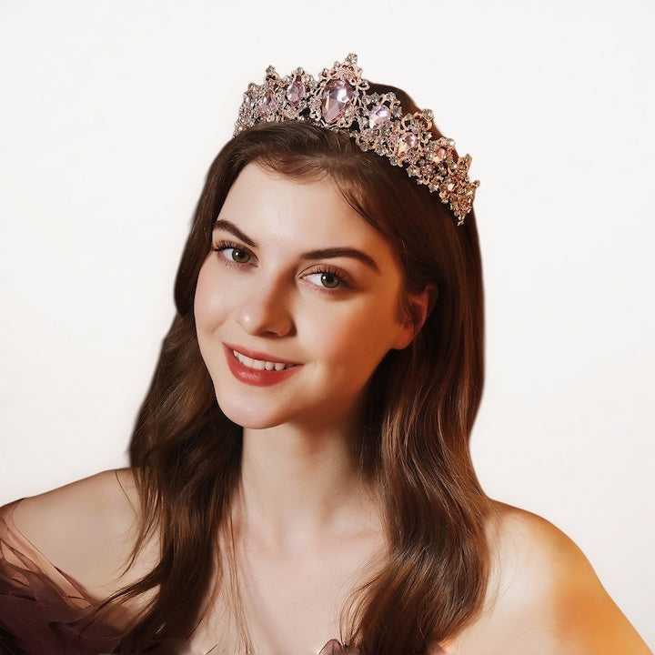 Fantasy - Tiara for Women, Bridal Crown, pink/silver rhinestones, alloy and stones, 14.5x6cm, handmade, bridal tiara, princess tiara, hair accessories decorations, shiny, suitable for girls, weddings, proms, birthday parties