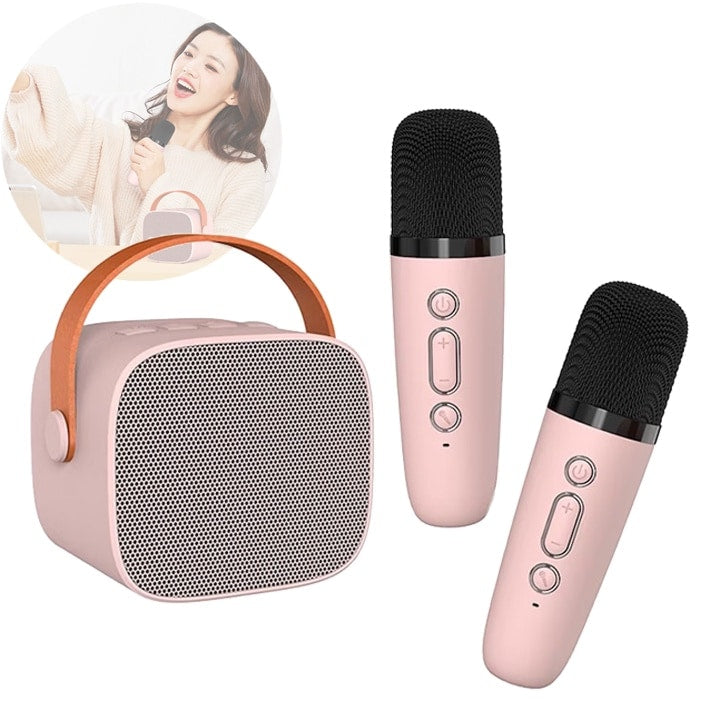 Microfon karaoke copii si adulti cu difuzor portabil  Wireless  4 efecte voce  2 microfoane incluse  Player MP3  MicroSD card  Bluetooth 5.0  roz