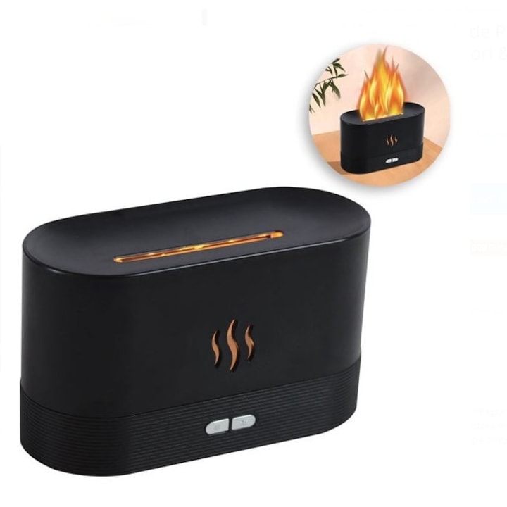 LED "flame effect" electric fragrance diffuser, 8 colors, USB-C, black, 17x7x10 cm – aromatherapy for room