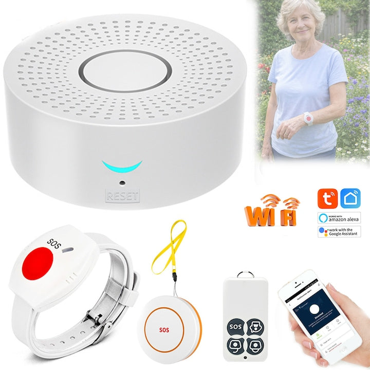 Set Ceas Panica Buton SOS  SANSES  Bratara SOS  Notificari pe Telefon  Distanta 100m  Conexiune WiFi  APP Tuya  Compatibil cu Alexa si Google Assistant  Portabil  Versatil  Usor de Utilizat  Pentru Batrani  Pacienti  Alb