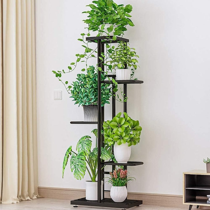 Suport pentru plante Morovan  metalic  5 niveluri  capacitate 6 ghivece  negru  43x22x98cm