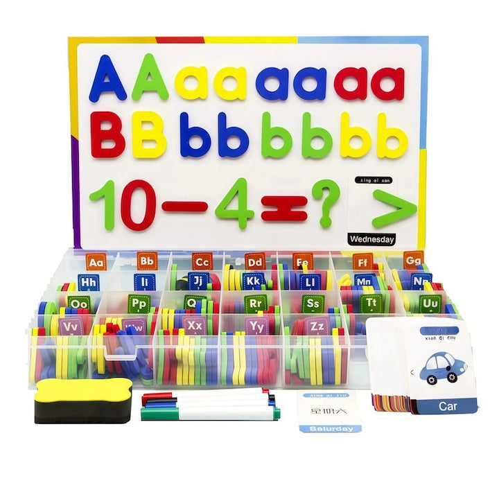 Set educativ cu litere  numere si simboluri magnetice  248 piese  tabla magnetica dubla si cutie de depozitare  pentru copii 3-7 ani