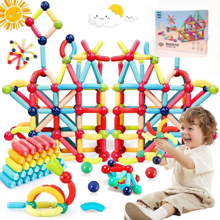 Set 100 jucarii magnetice pentru constructie magnetic Sticks 3D  Wacorresi  Set de Constructii pentru copii magnetic Sticks cu 100 blocuri magnetice  4ani+  Numeroase Posibilitati de Construit  STEM  Educativ si Creativ  Magneti Puternici  multicolor