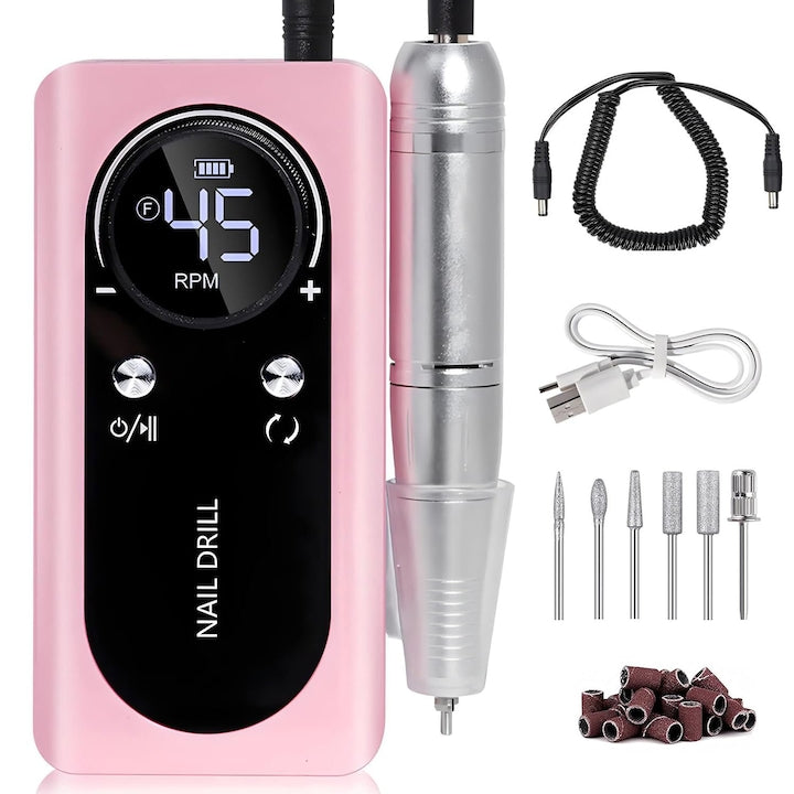 Freza electrica profesionala pentru unghii  45000 RPM  2000 mAh  portabila  viteza reglabila  zgomot si vibratii reduse  display  cu capete freza  YQLAFT  Auriu roz