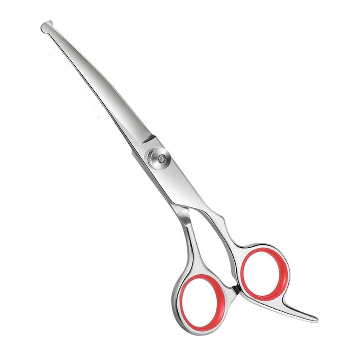Professional Curved Scissors for Grooming Dogs, Cats, and Other Pets - Round Safety Tip - Ergonomic - Stainless Steel - 17.3 cm - Silver/Red