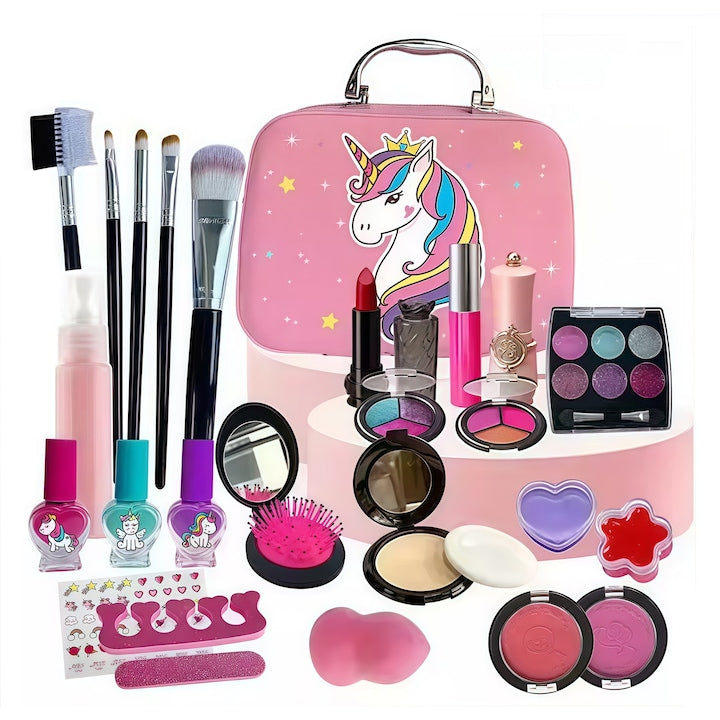 Trusa de machiaj pentru copii  Set Make-Up cu 31 de elemente pentru make-up  rujuri  farduri  oja  Unicorn  geanta cu maner pentru transport  pentru fetite de 3  4  5  6  7  8  9  10  11  12ani