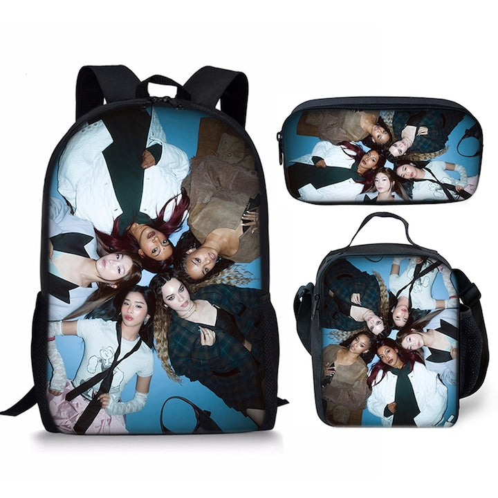 Set ghiozdan Katseye pentru scoala  rucsac mare  geanta crossbody  penar  multicolor  28x12x42cm
