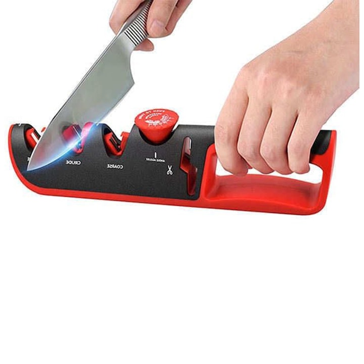 Ascutitor De Cutite Profesiona  Omelivon  4 in 1 Accesorii Profesionale Pentru Cutite Bucatarie  Inox  3 Tipuri Ascutire  Ceramic  Tungsten si Piatra Diamantata  Ascutires  Finisare  Slefuire  Indreptare  Foarfece  Talpa Anti Alunecare  Rosu/Negru