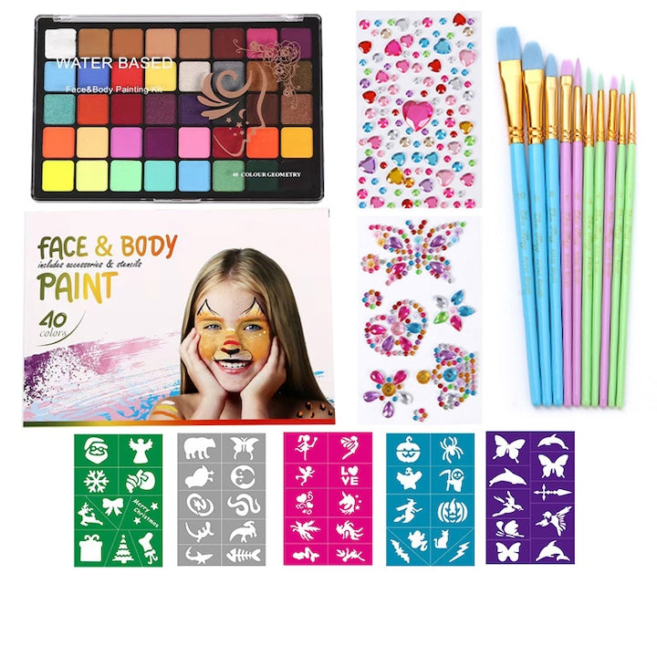 Pictura pe fata si corp  Rqiurpn  Set profesional  paleta activata cu apa  copii si adulti  40 culori  non-toxic  pentru festivaluri si petreceri  3 ani +