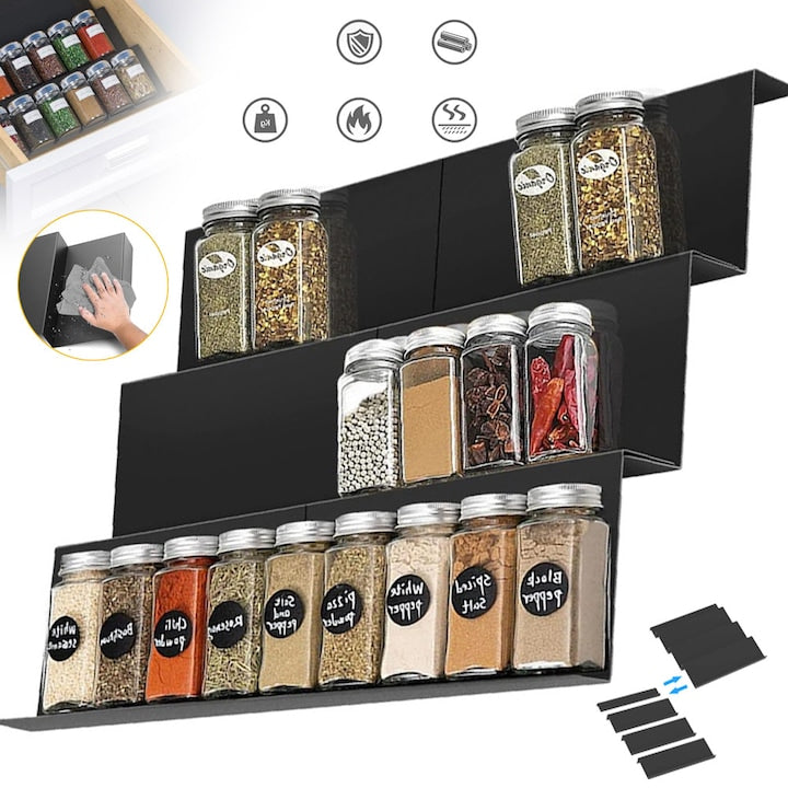 Spice Drawer Organizer Spice Rack Adjustable Spice Jar Tray for Cabinet Kitchen Countertop Kitchen Spice Stair Shelf 3-Tier Set of 6