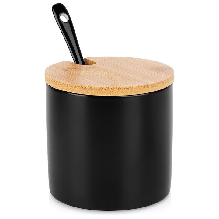 Zaharnita Cu Lingurita  Vilde  Ceramica  Negru  Capacitate 250 ml  Dimensiuni 8.5x8 cm  Capac Detasabil  Set 2 Bucati