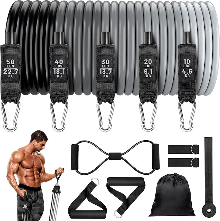 Set antrenament extensor  Fantasy  150 lbs  12 accesorii  5 benzi tubulare elastice  2 manere  2 chingi picioare  o banda elastica  o ancora pentru usa si un saculet transport  pentru antrenament fitness  exercitii fizice  recuperare  sala  yoga  pilates