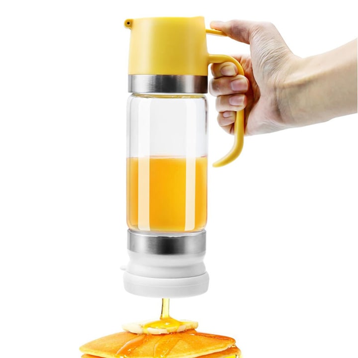 Dispenser de miere din sticla  Omelivon  350ml  cu suport  fara picurare  galben
