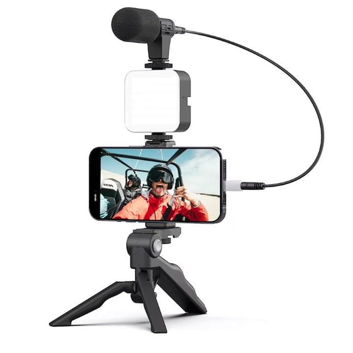 Kit vlogging profesional ZOUN  pentru YouTube  TikTok  Instagram  Cu microfon  lampa LED  telecomanda Bluetooth  trepied pliabil  compatibil cu smartphone si aparat foto  reglabil  negru