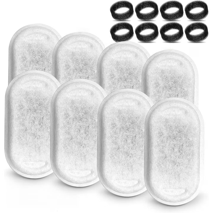 Set de 16 filtre de rezerva pentru fantani de baut  dozatoare de apa pentru caini si pisici  purificare  carbune activ  eficient in indepartarea impuritatilor si a parului 8 filtre din bumbac si 8 bureti de prefiltrare  negru si alb