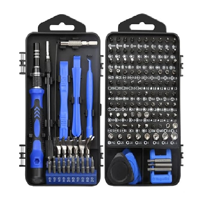 Set trusa surubelnite de precizie 138 in 1 pentru macbook  iMac  iPhone  bits otel  complet pentru electronice  electrocasnice  mobilier  service telefoane  trusa magnetica  flexibila  cu ventuza  penseta si maner ergonomic  Albastru/Negru