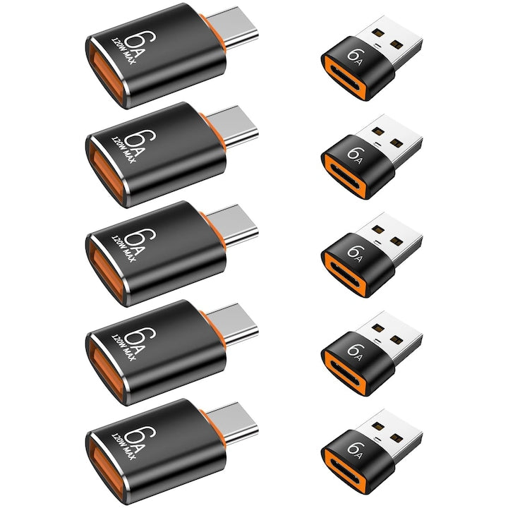 Adaptor USB la USB-C  set 10 bucati  5× USB-A 3.0 mama la USB-C tata OTG + 5× USB-C mama la USB-A tata  6A  120W  Fast Charging  compatibil MacBook  iPhone 15/16  Samsung Galaxy  smartphone-uri  tablete  laptopuri  OUYLAF  Negru