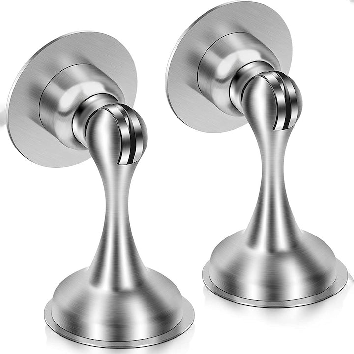 Set 2 opritoare magnetice pentru usa  Pentru montare pe perete si pe podea  Din otel inoxidabil  Pentru diverse tipuri de usi  instalare cu banda adeziva 3M  Fara gaurire  Suruburi pentru montare mai puternica  Argintiu