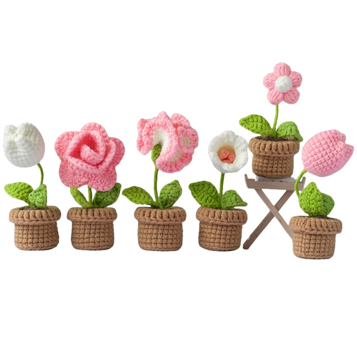 Crochet Kit for Beginners Fantasy 6 Flower Pots 18.5x25x8.5cm Sunflowers Tulips Roses Butterfly Pea Handmade DIY Creative New Year Gift Exchange Pink and White