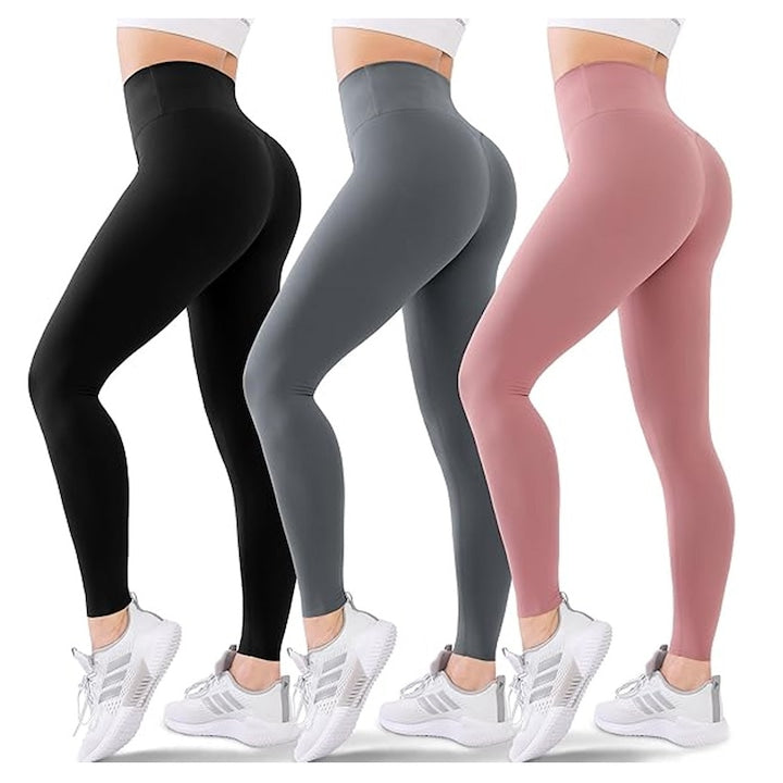 Set 3 Colanți Fitness Talii Înalte  Axroad Mall  Negru/Roz/Gri  XL  Material Breathable  Design Push Up
