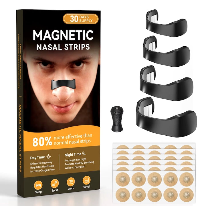 Magnetic Anti-Snoring Nasal Dilator For 30 Days 4 Magnetic Strips of Different Sizes 60 Magnetic Patches For Sports and Peaceful Sleep Stimulates Oxygen Intake Unisex Black