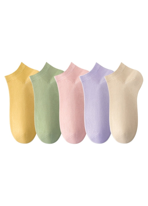 OEM - Set de 5 perechi sosete scurte din bumbac pentru femei primavara-vara  Model subtire  confortabil si respirant  galben  violet  verde  roz  bej  multicolor  35-40 UE