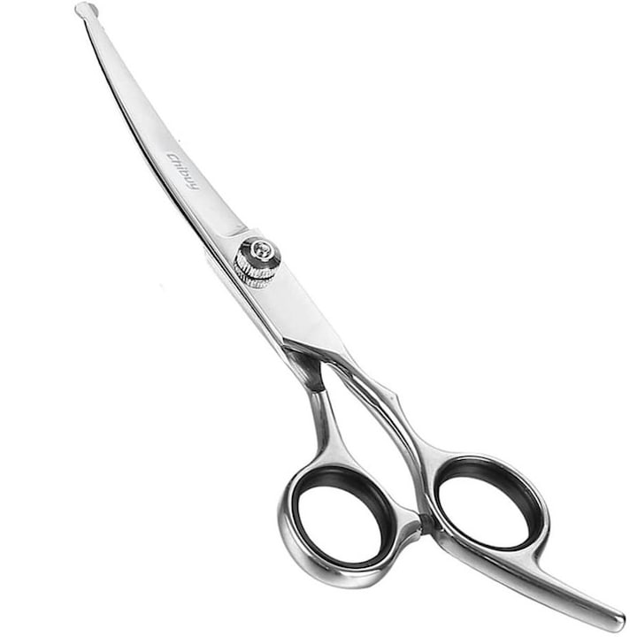 Foarfeca profesionala curbata de tuns caini  pisici si alte animale de companie  Varf rotund de siguranta  Ergonomic  Din otel inoxidabil  17.5 cm  Argintiu