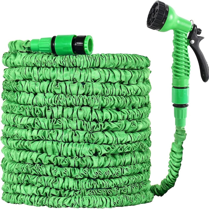 Furtun extensibil pentru gradina  Cu pistol multifunctional 7 moduri  Verde  60 M lungime
