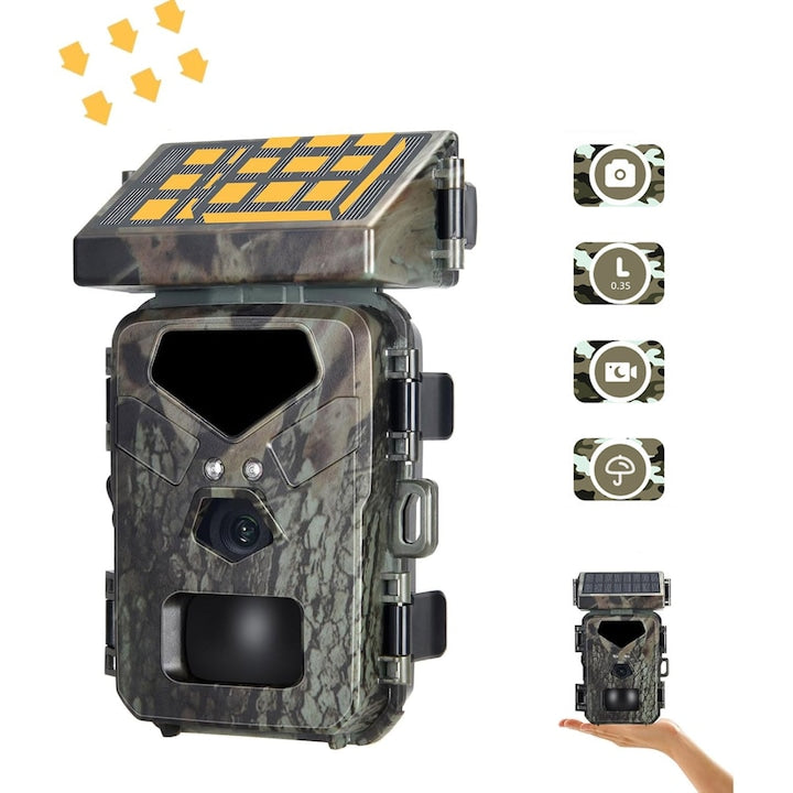 Camera de Vanatoare cu Panou Solar 1080P  20MP HD  Viziune Nocturna cu LED Infrarosu  video si foto sau combinat  Senzor Miscare  Detectie 60°  rezistant la apa IP56  Camera Supraveghere pentru Vanatoare  Observatie Fauna  Securitate  Camuflaj  OUYLAF