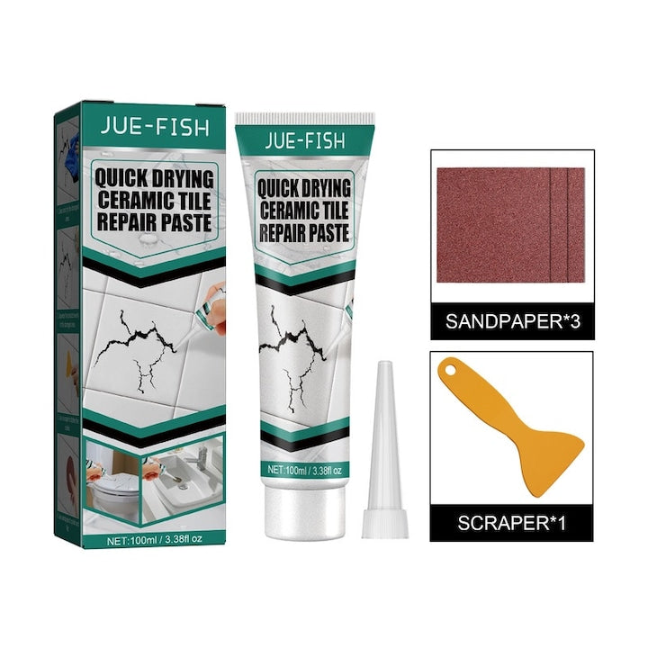 Pasta de reparare pentru placi ceramice  set 1x100ml  3x smirghel  1x racleta  uscare rapida  123g
